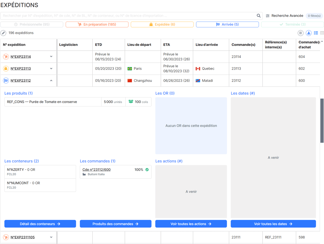 Liste expéditions Tableau-TRADE.EASY Import-Export